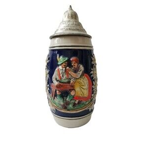 Gerz Handpainted Beer Stein Ceramic Pewter Lid Ein lustig Lied ein froh Gemuth
